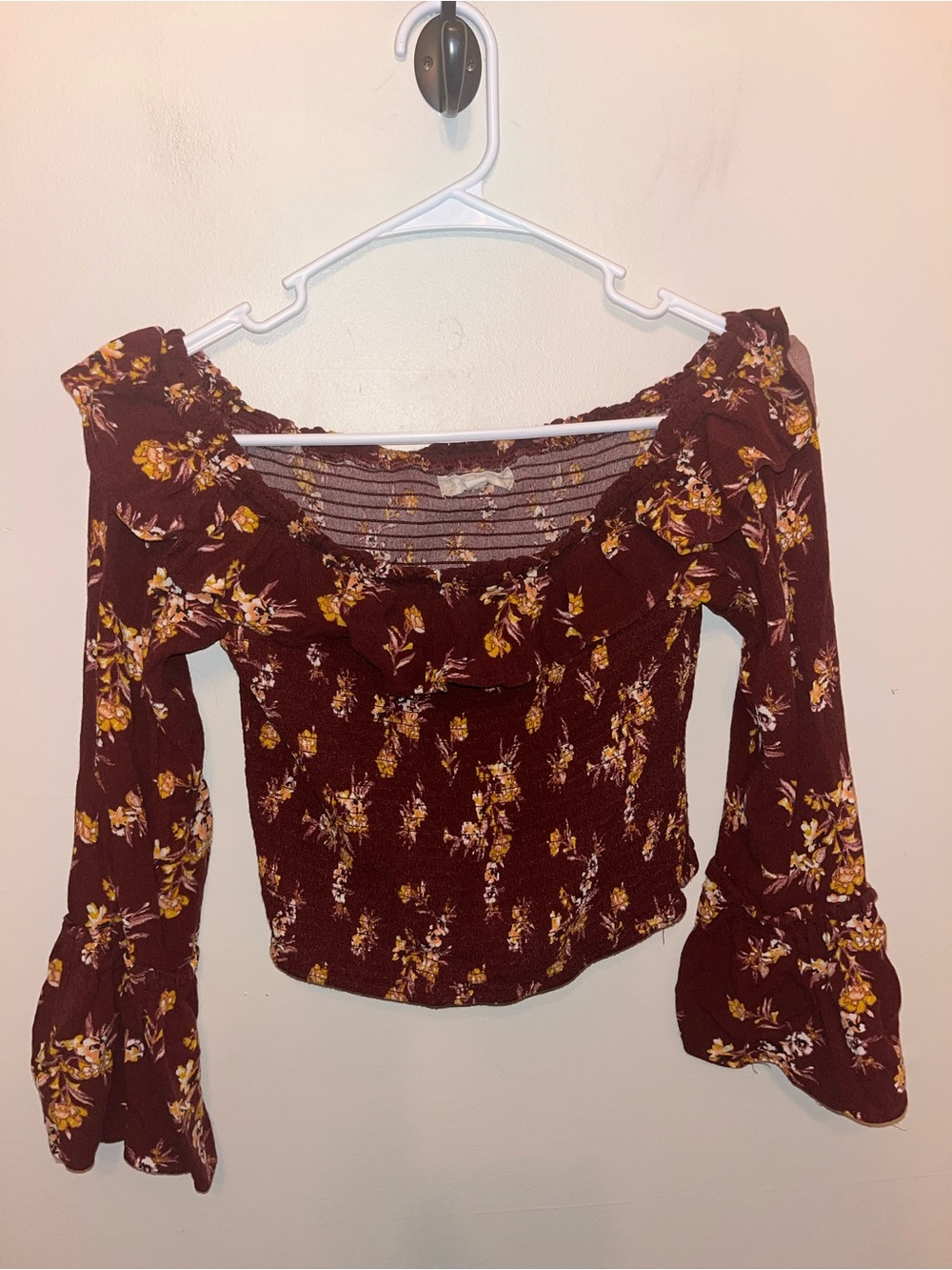 Altar’d State Crop Top Floral Smock Waist Long Bell Sleeve Fall Colors Size M
